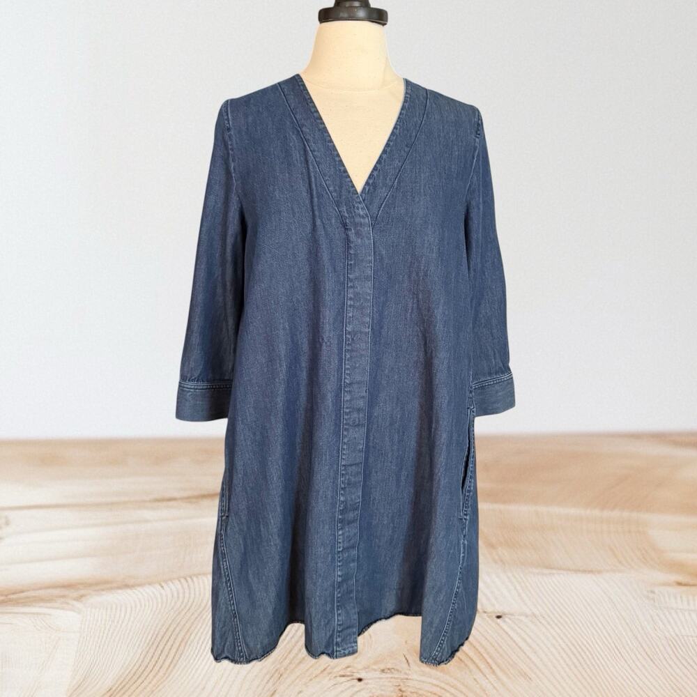 COS Denim A Line Dress Sz 8 Oversized with Pockets 3/4 Sleeve V Neck Button Up
